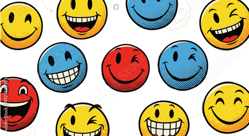 Collection of colorful cartoon smiley faces with various expressions.
