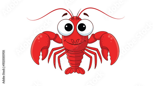 Friendly red lobster cartoon character with big eyes and a happy expression isolated on a white background for children.