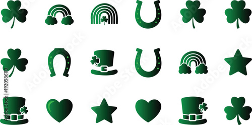 St Patricks Day icons set with green shamrocks horseshoes rainbows stars hearts and leprechaun hats for luck and celebration  various decorative elements