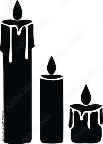 Three black silhouette candles with melting wax and flames on transparent background for decoration and ambiance  simple iconic graphic design elements