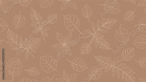 Seamless pattern featuring delicate white line drawn leaves on a solid brown background for autumn and nature themed designs.