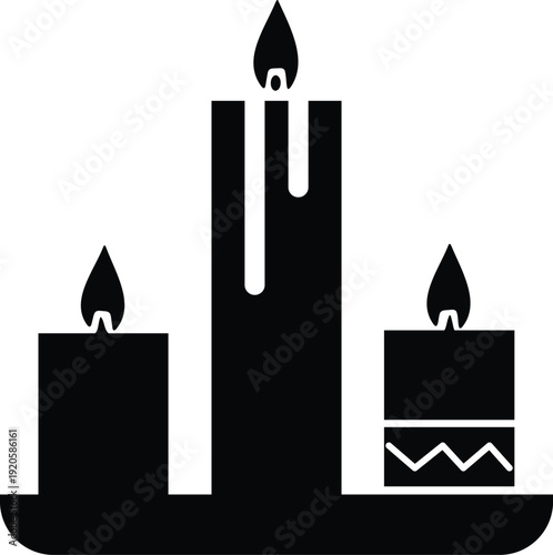 Three candles with flames on a tray  simple black silhouette graphic design element for decoration and ambiance