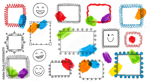 Collection of colorful handdrawn picture frames and smiley faces