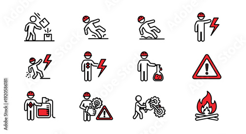 Set of simple warning icons depicting various hazards and safety precautions.