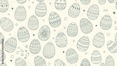 Seamless pattern of hand drawn decorated easter eggs with various patterns on a cream background for spring holidays.