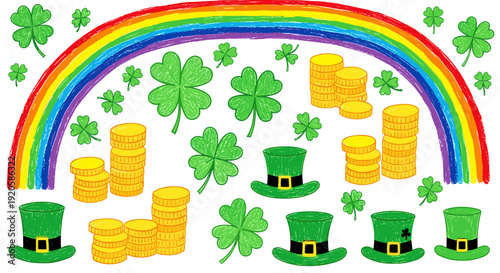 St patricks day celebration with shamrocks rainbows and coins