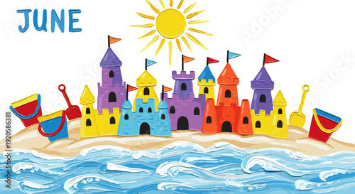 Colorful sandcastle with flags and boats on a beach scene