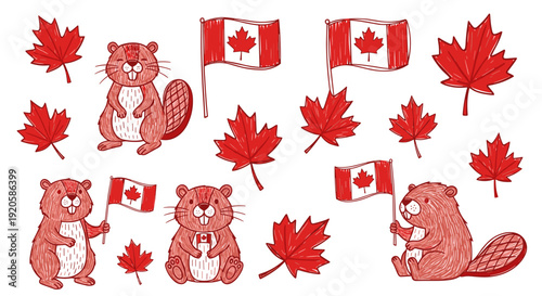 Cute teddy bears and canadian flags with autumn leaves