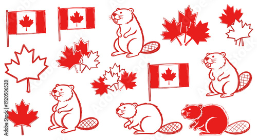 Collection of cute illustrated animals and canadian flags