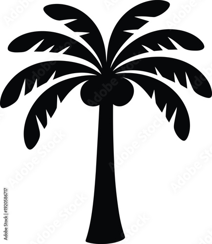 A black silhouette of a palm tree on a white background