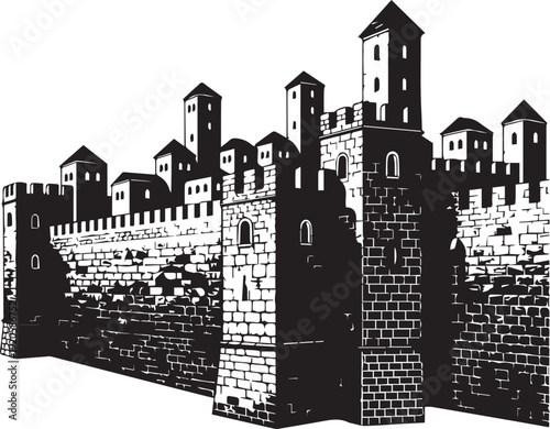 Ancient fortress city wall with multiple towers and strong stone structure defense architecture vector silhouette illustration