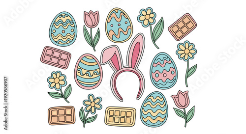 Easter eggs, bunny, flowers, and chocolates