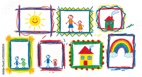 Colorful childrens drawings of houses rainbows and outdoor scenes