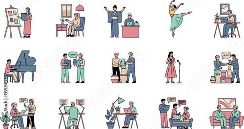 Creative People Professions Set with Artists Musicians Designers Dancers and Office Workers Vector Illustration