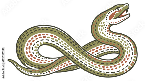 Vibrant snake illustration with colorful pattern on white background