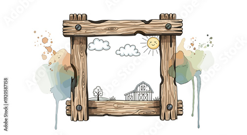 Wooden frame with clouds sun and landscape scene