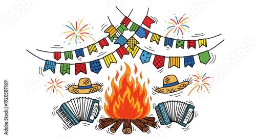 Colorful festive celebration with bonfire and fireworks display