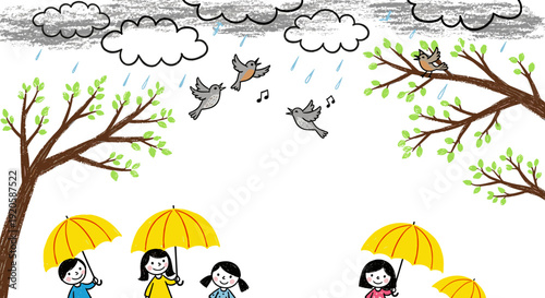 Children walking with umbrellas under trees on a rainy day