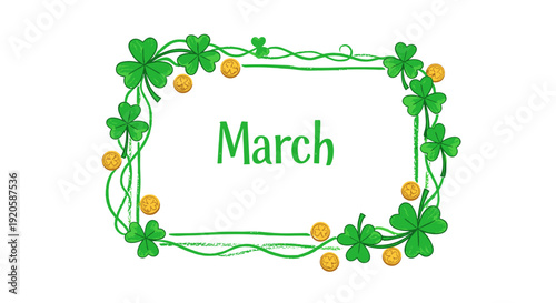 Decorative frame with shamrocks and gold coins for march celebration