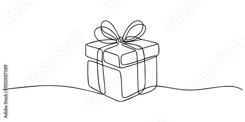 Elegant continuous one line drawing of a gift box with ribbon and bow minimalist art vector, Continuous one line drawing of a minimalist gift box with a ribbon bow, symbolizing celebration, gifting.