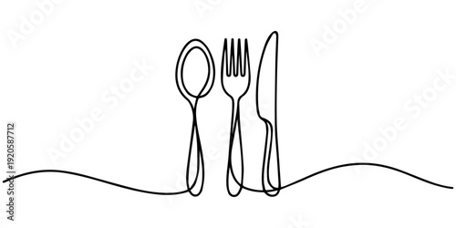 Spoons, Forks, Knife, Eating Utensils continuous one line drawing, Minimalist cutlery set with a spoon, knife, and fork drawn in a single continuous line for food related branding, restaurant logos