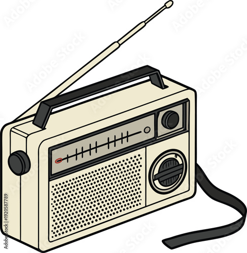 Vintage cream colored portable radio with black accents and antenna