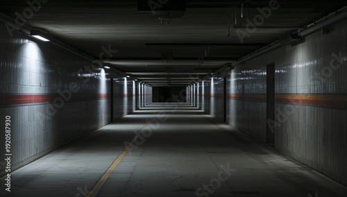 Long Corridor With Lights and Shadows in a Parking Garage at Night