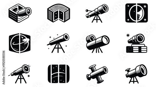 Black and white telescope icons for astronomy and education use