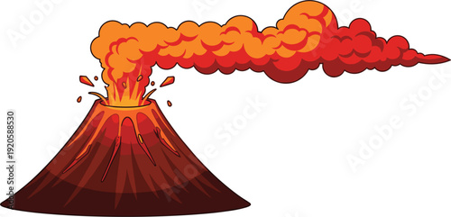 Erupting Volcano Vector Illustration with Lava Explosion and Smoke Cartoon Style Natural Disaster Symbol for Education and Geography Design Use