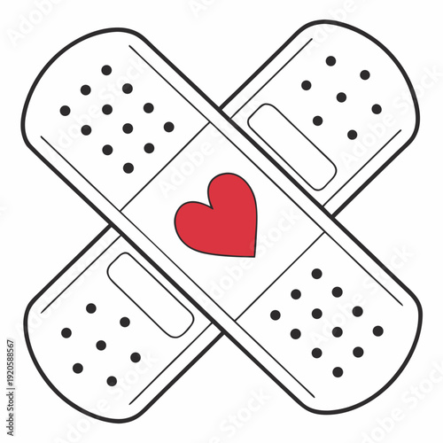 Two adhesive bandages crossed in an "X" shape, with a red heart at the center. It symbolizes healing, care, and emotional recovery, blending the universal imagery of bandages with the warmthof a heart