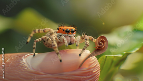 Jumping Spider Perched on a Human Finger Outdoors.