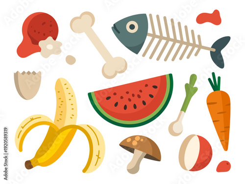 Assorted food scraps including banana fishbone watermelon mushroom and carrot waste