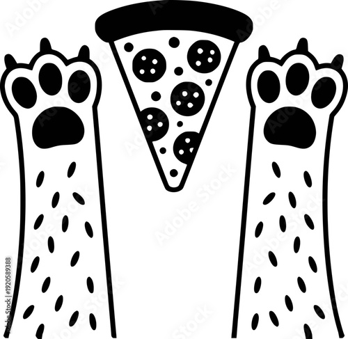 Black and White Cartoon Cat Paws Reaching for a Slice of Pepperoni Pizza