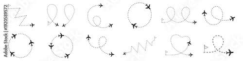 Airplane flight path route vector icon set, dashed travel direction lines with navigation arrows isolated on transparent background
