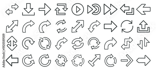 Arrow direction outline icon set, navigation ui interface symbols with rotate refresh forward back and pointer controls on transparent background