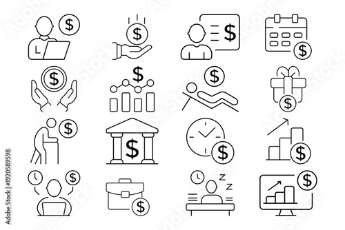 Financial planning and retirement savings line icon set. Personal finance management, pension fund, investment growth, and banking symbols isolated on white background.