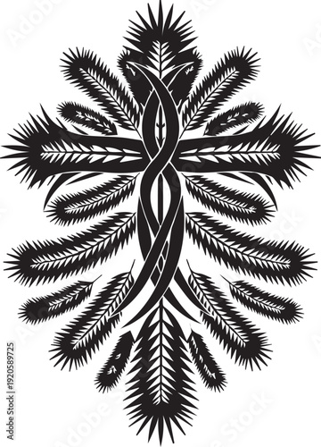 Ornate palm fronds cross design woven palm leaves christianity religious symbol vector silhouette illustration
