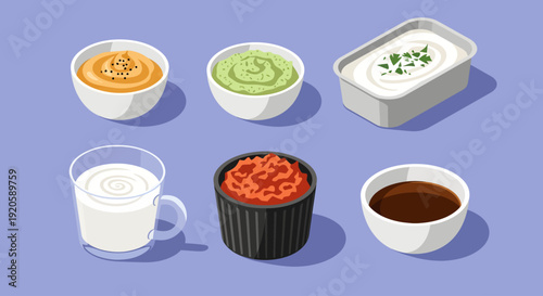 An isometric vector illustration features six different colorful dips, sauces, and creamy beverages neatly arranged in bowls, a glass mug, and a small rectangular tub above a bright purple background