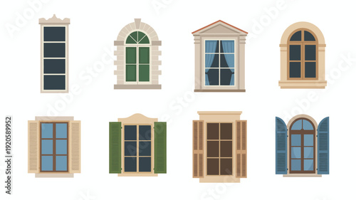 Collection of diverse architectural windows with shutters and decorative architecture