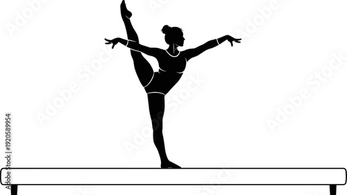 Dynamic black silhouette of a female gymnast performing an elegant split pose on a balance beam isolated on white.