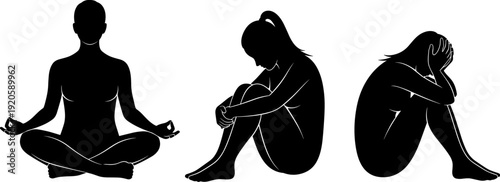 Black silhouettes of a woman showing different emotional states including peaceful meditation, sadness, and depression isolated on white background.
