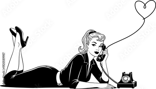 Retro pop art black and white illustration of a beautiful vintage woman lying down talking on a rotary telephone.