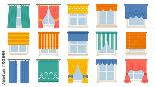 Collection of flat windows with various colorful curtains and blinds interior decoration