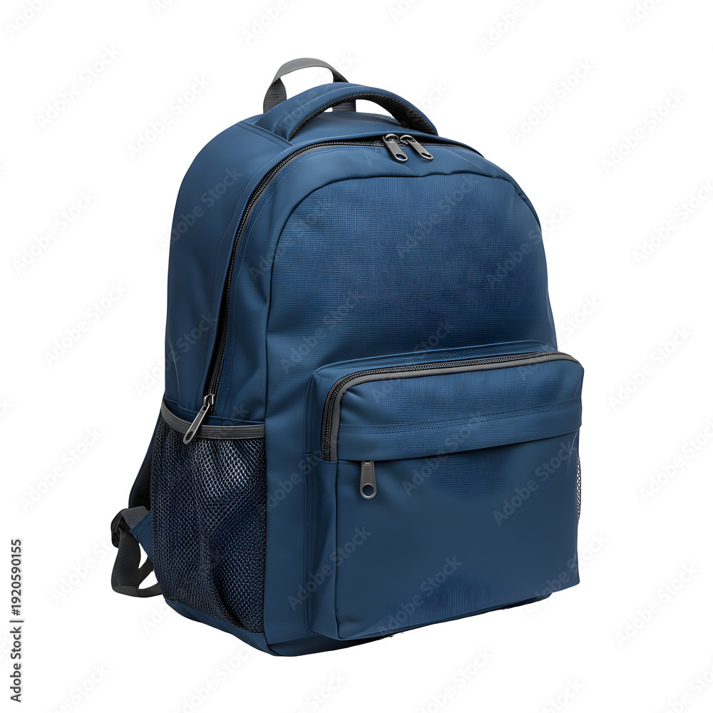 Fototapeta premium Durable navy blue school backpack featuring multiple zippered compartments and a mesh side pocket, ideal for students or travelers, isolated on a transparent background for commercial design.