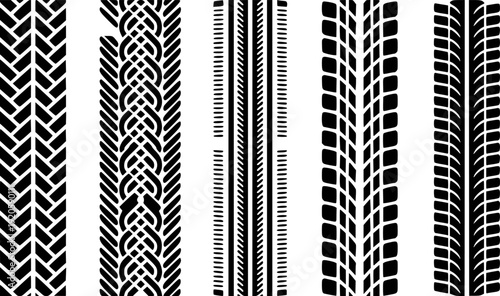 Collection of Distinct Black Tire Tread Patterns White Background track imprint