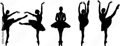 Elegant black silhouettes of beautiful female ballerinas performing classical ballet dance moves in tutu dresses isolated on white background.