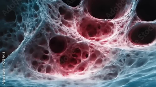 Abstract Microscopic Cellular Structure with Red and Blue Tones.