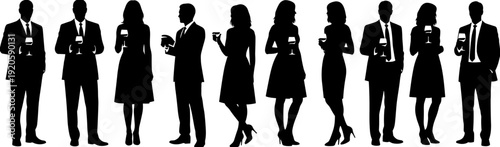Professional black silhouettes of a group of business people standing and socializing with drinks at a corporate networking event.