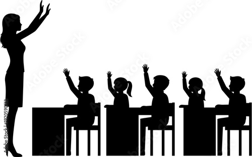 Black silhouette vector illustration of a female school teacher standing in front of young students raising their hands.