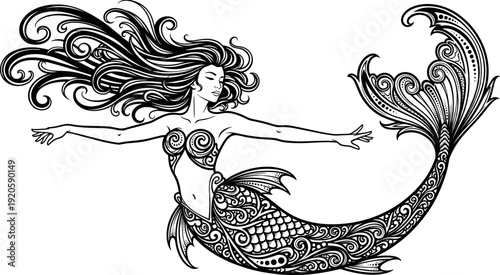 Beautiful black and white vector line art illustration of a swimming mermaid with an intricate patterned tail on white background.
